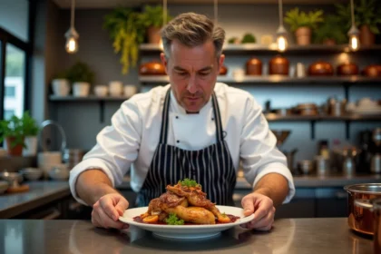 Chef français en cuisine moderne dressant un coq au vin