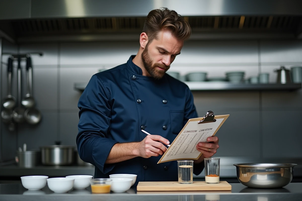 Chef cuisinier en veste marine consultant un tableau de conversion grammes-millilitres dans une cuisine professionnelle avec bécher gradué et bols de préparation