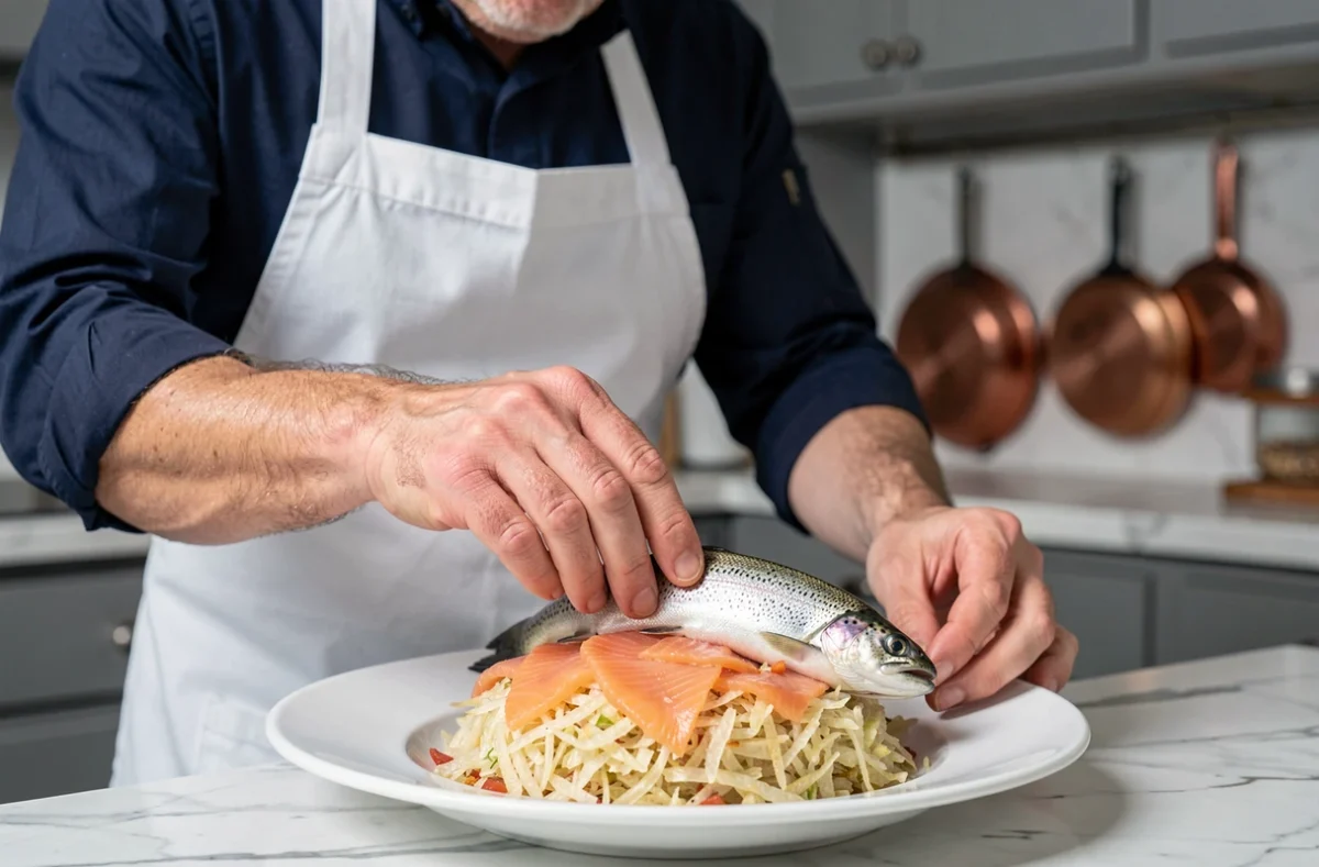 Chef cuisinier dressant un plat de choucroute aux poissons avec saumon fumé et truite pochée dans une cuisine professionnelle