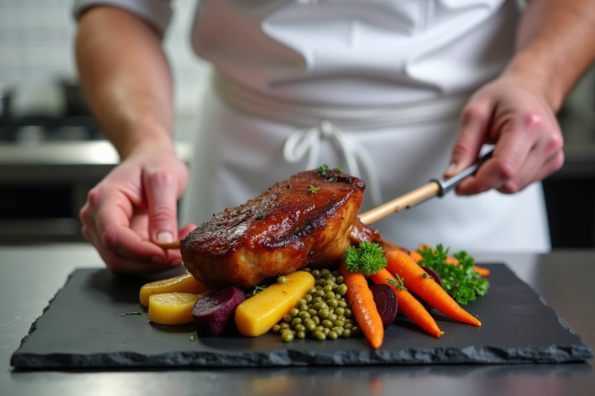 Chef en tablier blanc dressant un confit de canard avec des légumes racines rôtis colorés sur une ardoise dans une cuisine de restaurant