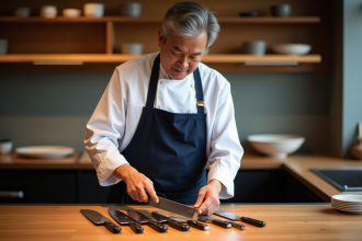 Chef japonais en blanc arrangeant des couteaux de cuisine japonais
