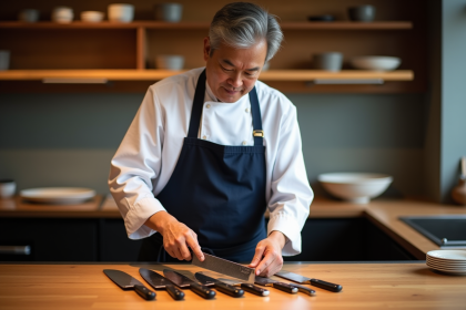 Chef japonais en blanc arrangeant des couteaux de cuisine japonais