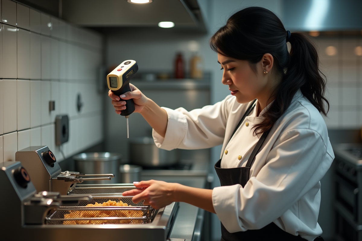 Femme chef mesurant la temperature de l'huile en cuisine