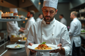 Chef étoilé inspectant un plat dans une cuisine professionnelle