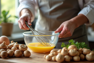 Chef fouettant des œufs avec des girolles fraîches