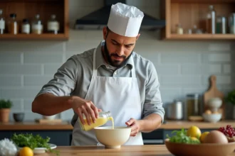 Chef musulman préparant mayonnaise dans une cuisine moderne