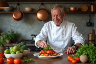 Chef français en cuisine moderne dressant un homard et légumes