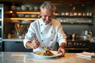 Chef en cuisine en train de dresser un plat élégant dans une cuisine professionnelle