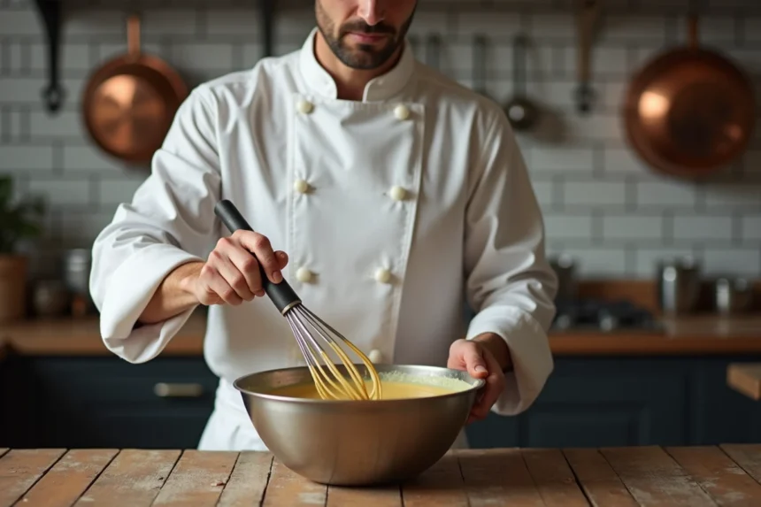 Chef cuisinier professionnel préparant une pâte à beignets à la banane dans un bol en inox, cuisine professionnelle