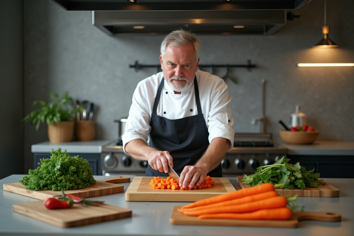 Chef en train de couper des carottes sur une planche en bois