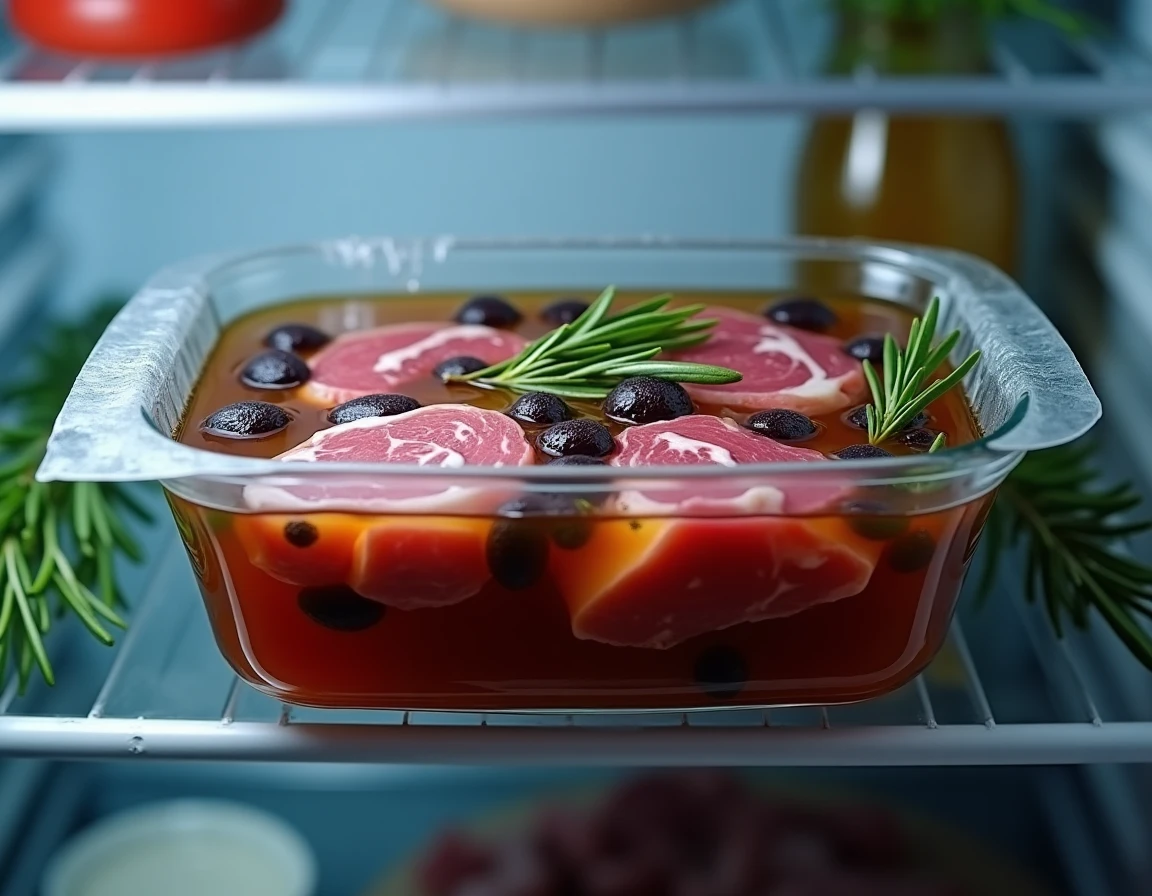 Pièces de chevreuil marinant dans un plat en verre avec du miel, des baies de genièvre et des herbes aromatiques au réfrigérateur
