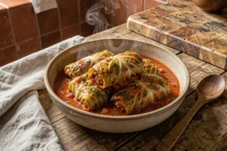 Chou farci traditionnel servi dans un bol en céramique avec sauce tomate aux herbes sur une table en bois rustique