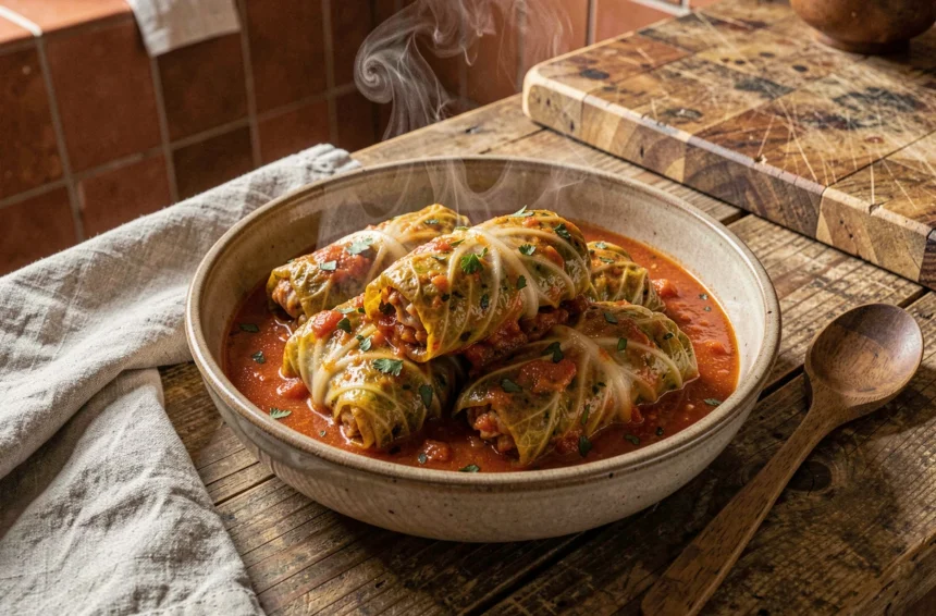 Chou farci traditionnel servi dans un bol en céramique avec sauce tomate aux herbes sur une table en bois rustique
