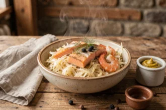 Bol de choucroute aux poissons avec saumon poché et haddock fumé, garnie d'aneth frais sur table en chêne rustique