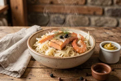 Bol de choucroute aux poissons avec saumon poché et haddock fumé, garnie d'aneth frais sur table en chêne rustique