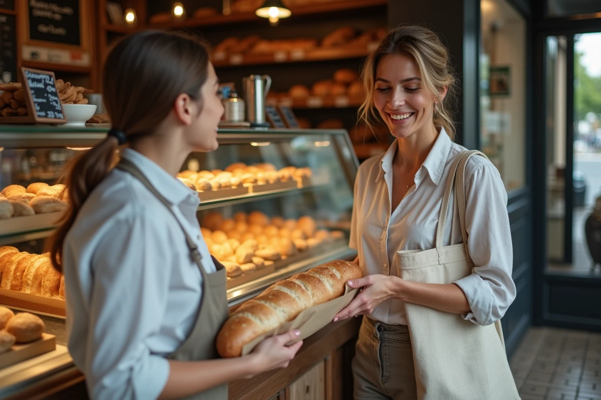 Cliente achetant une baguette auprès d'une boulangère dans une boulangerie de quartier française