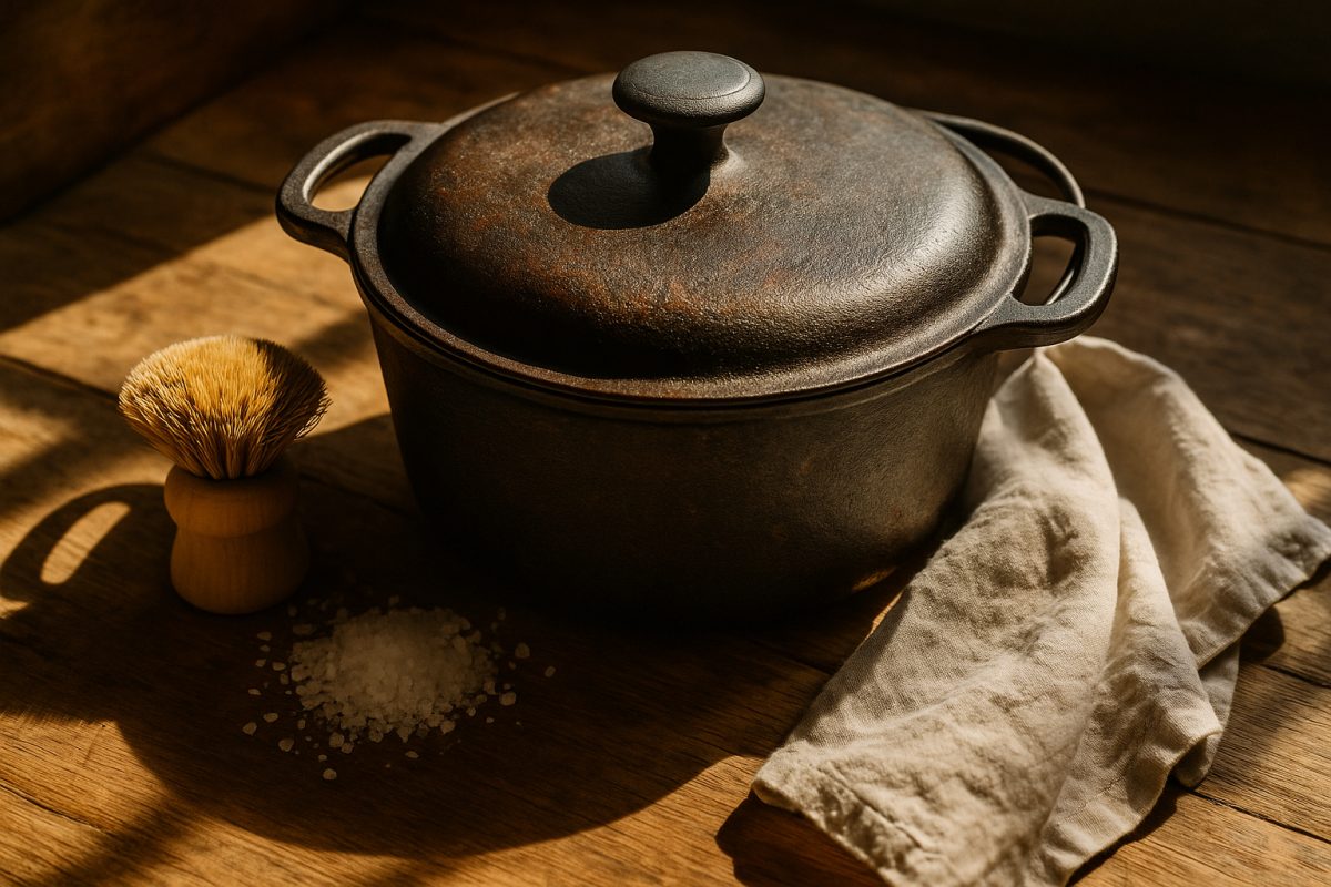Photo d'une cocotte en fonte bien assaisonnée sur un plan de travail en bois
