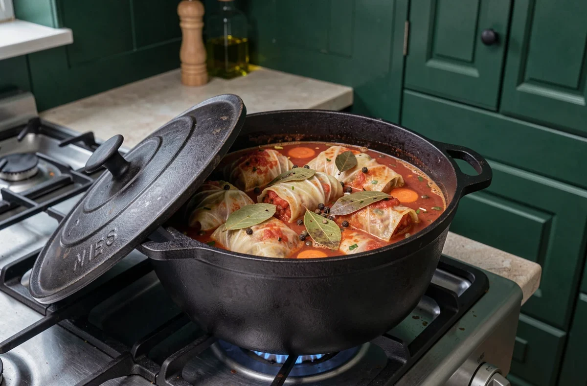 Cocotte en fonte remplie de choux farcis mijotant dans un bouillon tomate aux herbes sur une cuisinière à gaz vintage