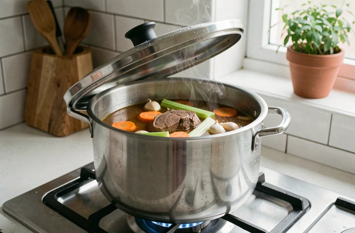 Cocotte minute ouverte sur feu de gaz contenant une langue de bœuf en train de mijoter dans un bouillon avec des légumes