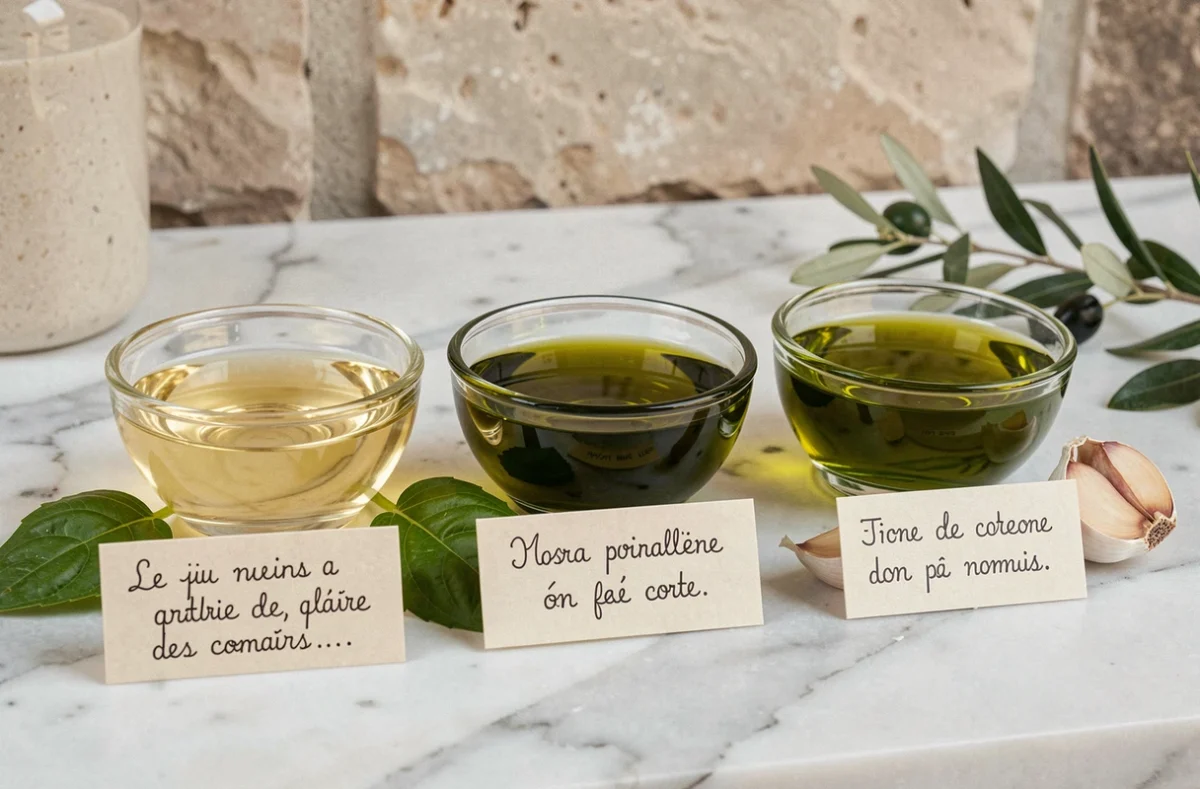 Comparaison de trois huiles d'olive extra vierge dans des coupelles en verre pour la soupe au pistou