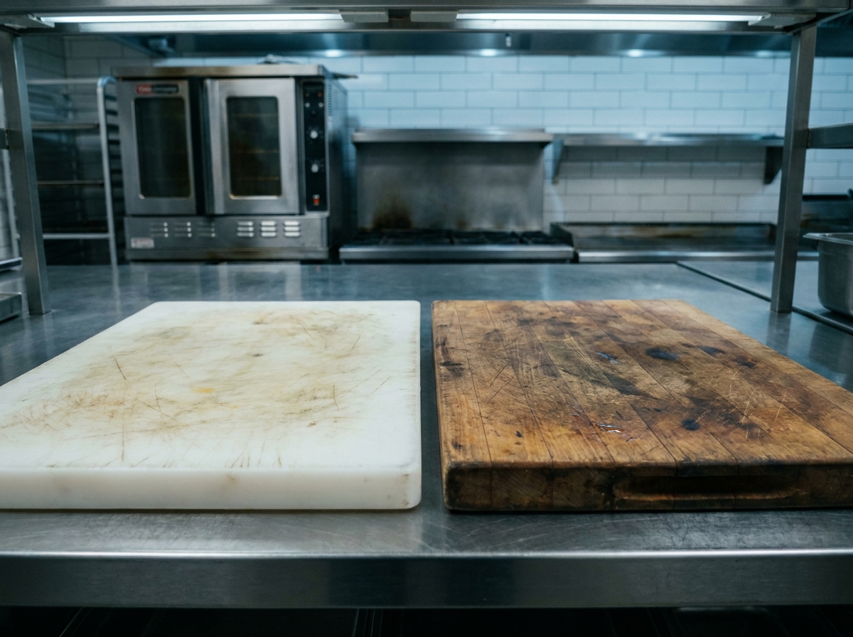 Comparaison planche à découper en bois et en plastique blanc côte à côte en cuisine professionnelle