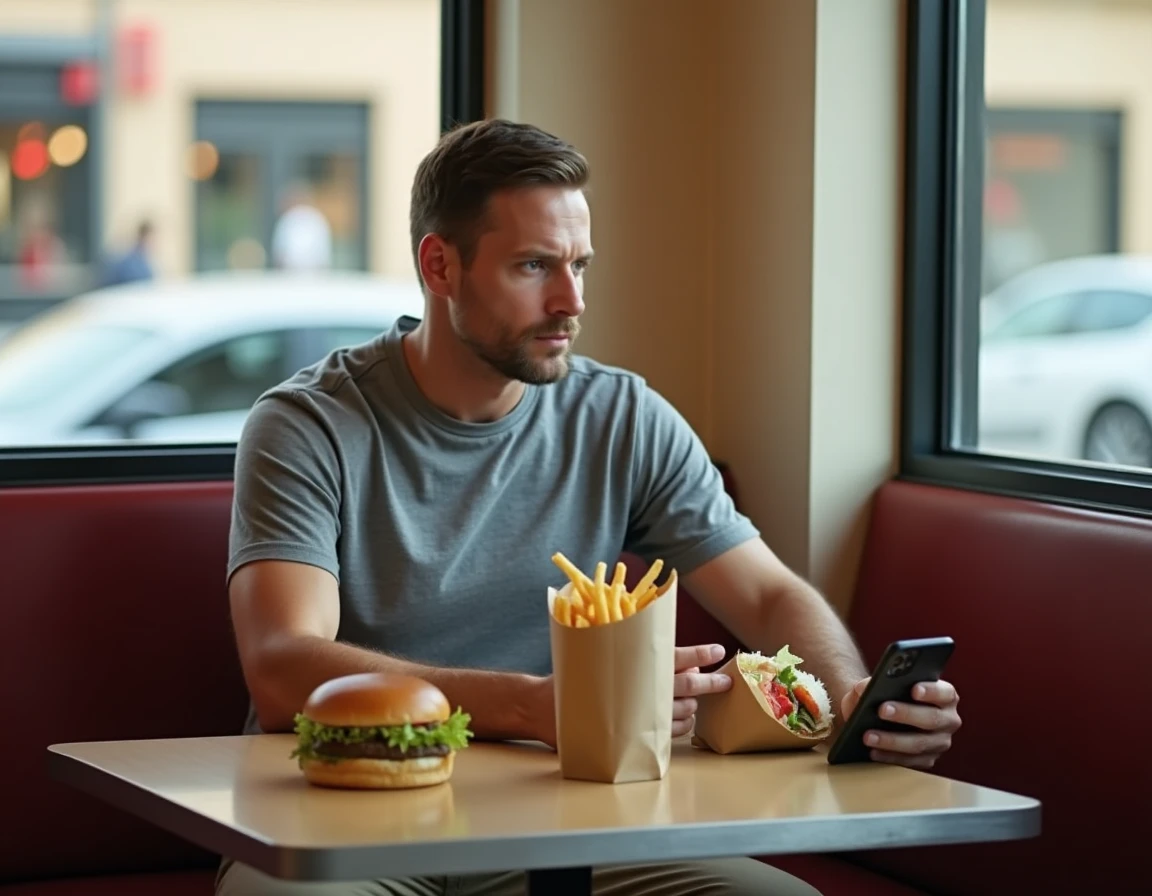 Homme comparant des options de repas sains et moins sains dans un fast food américain avec une application de suivi nutritionnel