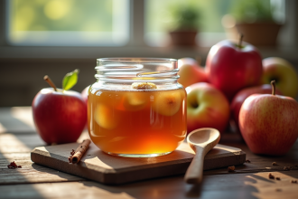 Compote de pommes maison dans un pot sur une table en bois