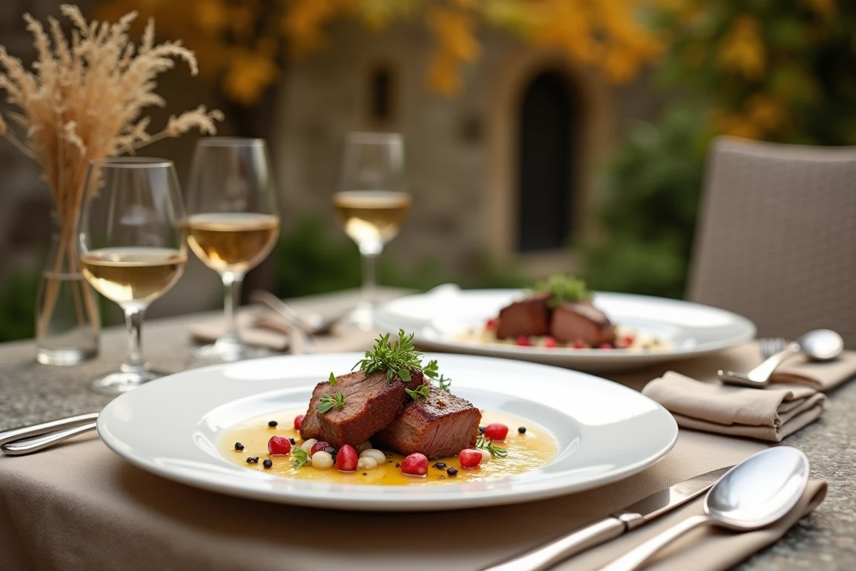 Table d'automne en terrasse avec deux assiettes de confit de canard accompagné de purée de haricots blancs à la truffe et grenades fraîches