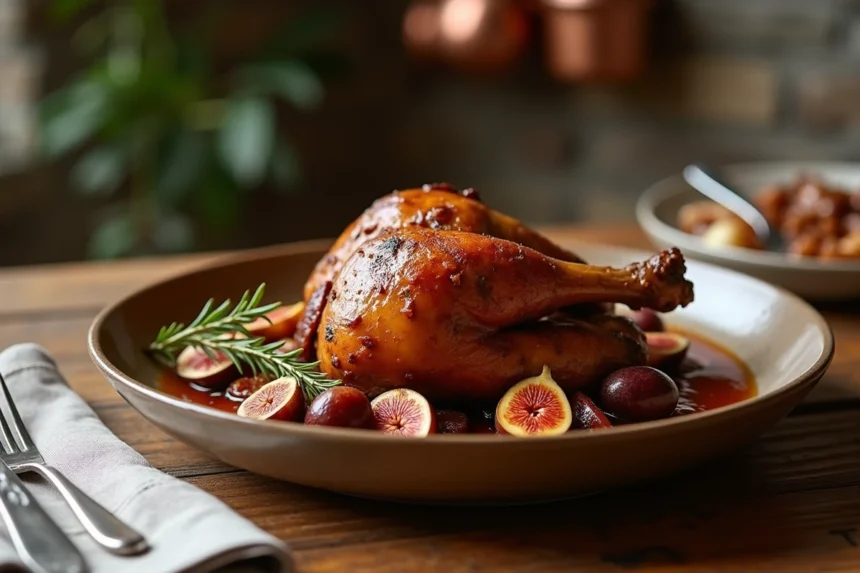 Confit de canard servi avec des figues rôties et des oignons caramélisés dans un bol en céramique rustique sur une table en bois
