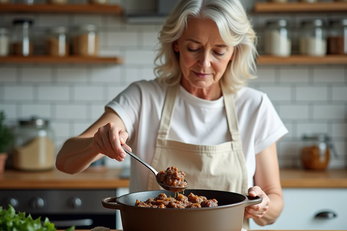 Femme versant un ragoût d'agneau dans un contenant en verre pour la congélation dans une cuisine moderne