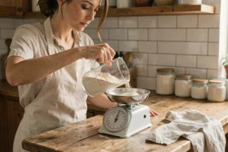 Femme versant de la farine dans une balance de cuisine en bois rustique pour convertir les centilitres en grammes
