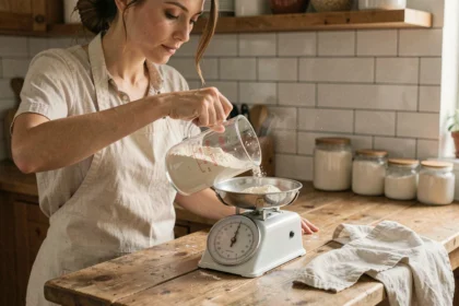 Femme versant de la farine dans une balance de cuisine en bois rustique pour convertir les centilitres en grammes