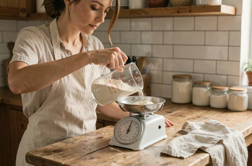 Femme versant de la farine dans une balance de cuisine en bois rustique pour convertir les centilitres en grammes