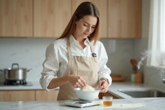 Femme mesurant des ingrédients sur une balance de cuisine numérique à côté d'un verre doseur en cl, dans une cuisine moderne