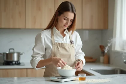 Femme mesurant des ingrédients sur une balance de cuisine numérique à côté d'un verre doseur en cl, dans une cuisine moderne
