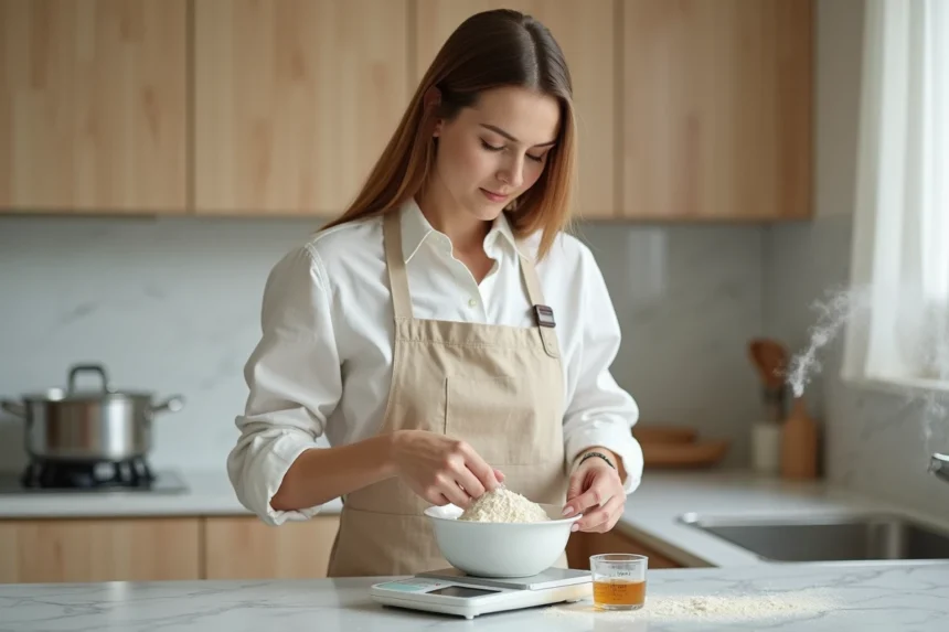 Femme mesurant des ingrédients sur une balance de cuisine numérique à côté d'un verre doseur en cl, dans une cuisine moderne