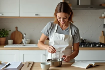 Femme en tablier blanc versant un liquide dans une casserole avec un verre doseur gradué en millilitres et centilitres sur un plan de travail de cuisine moderne