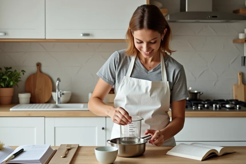 Femme en tablier blanc versant un liquide dans une casserole avec un verre doseur gradué en millilitres et centilitres sur un plan de travail de cuisine moderne