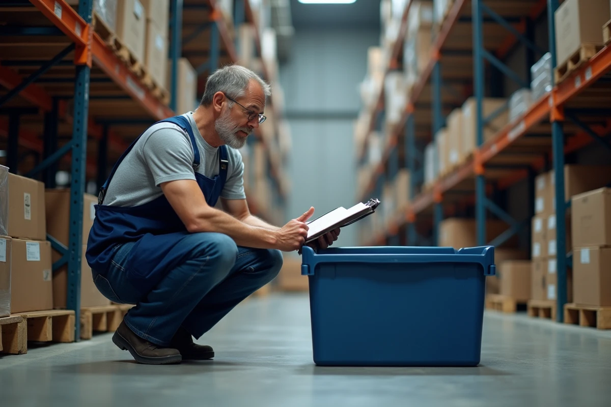 Homme en entrepôt consultant une fiche de calcul pour convertir des litres en kilogrammes sur des contenants industriels