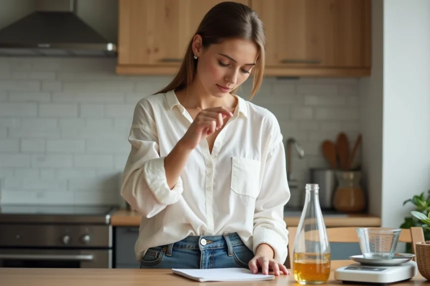 Femme calculant mentalement une conversion de litres en kilogrammes dans une cuisine moderne avec balance et verre doseur