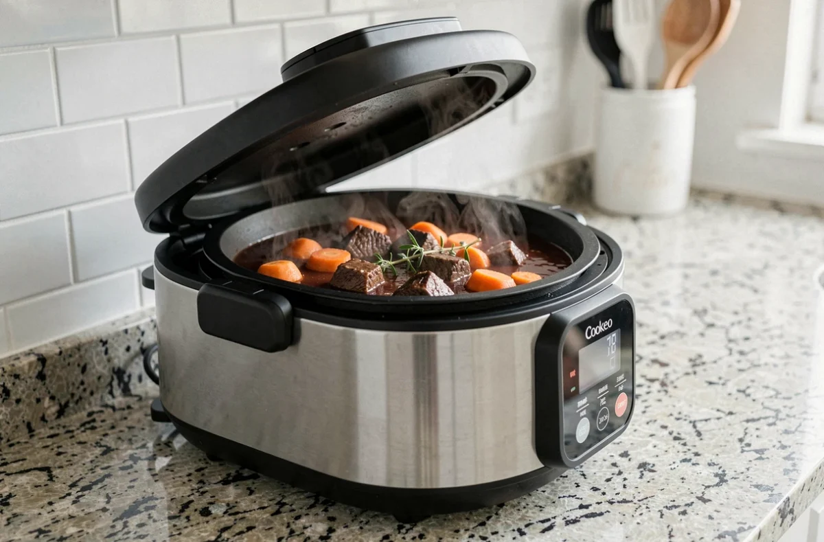 Cookeo ouvert révélant un boeuf carotte mijoté avec carottes et sauce brune sur plan de travail de cuisine moderne