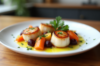 Coquilles sechees élégantes sur assiette blanche avec légumes