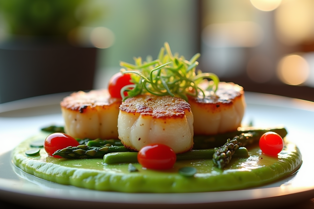Coquilles sechees sur purée de pois verts avec asperges