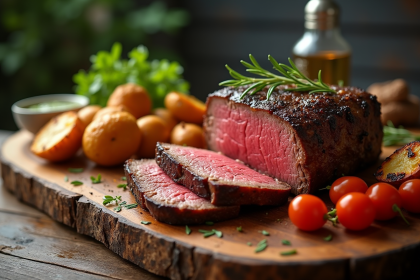 Côte de boeuf tranchée sur planche en bois rustique avec légumes