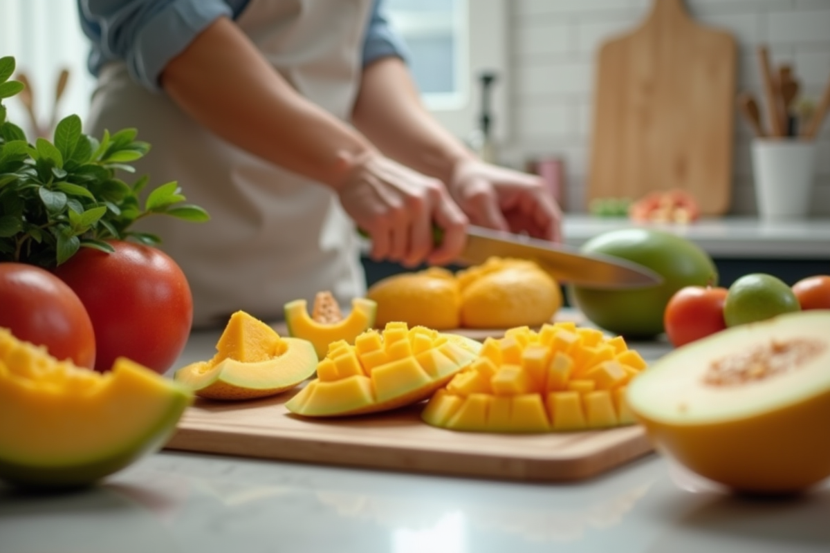Mains coupant mangue et melon dans la cuisine