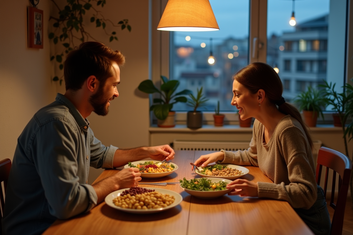 Jeune couple dégustant un dîner avec des légumineuses dans leur appartement