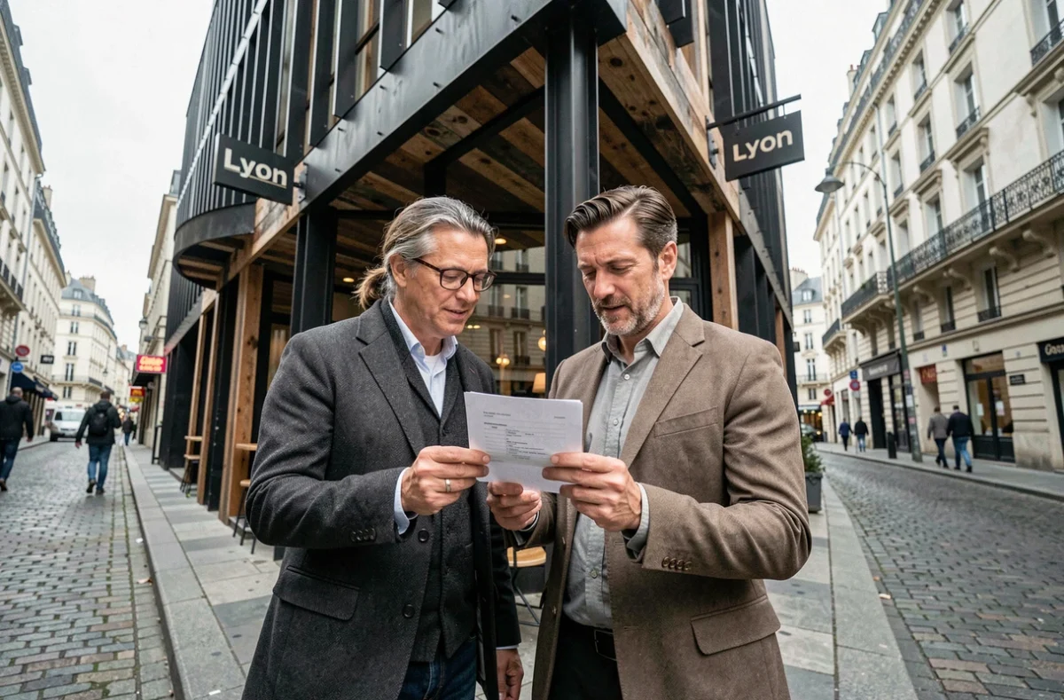 Couple devant un restaurant original à Lyon consultant leur confirmation de réservation