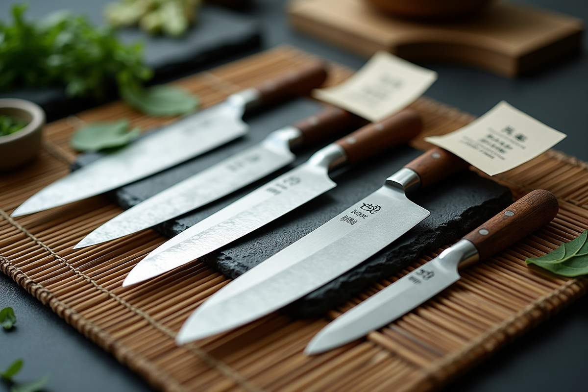 Couteaux japonais avec cartes explicatives sur un plateau en bambou