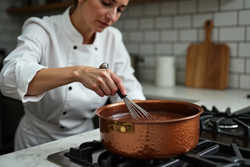 Cheffe pâtissière préparant une crème pâtissière au chocolat dans une casserole en cuivre, fouet en main, dans une cuisine professionnelle