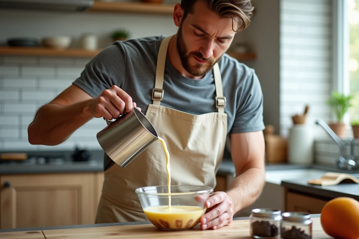 Cuisinier amateur versant du lait chaud dans un mélange d'œufs et de cacao pour réaliser une crème pâtissière au chocolat sans grumeaux
